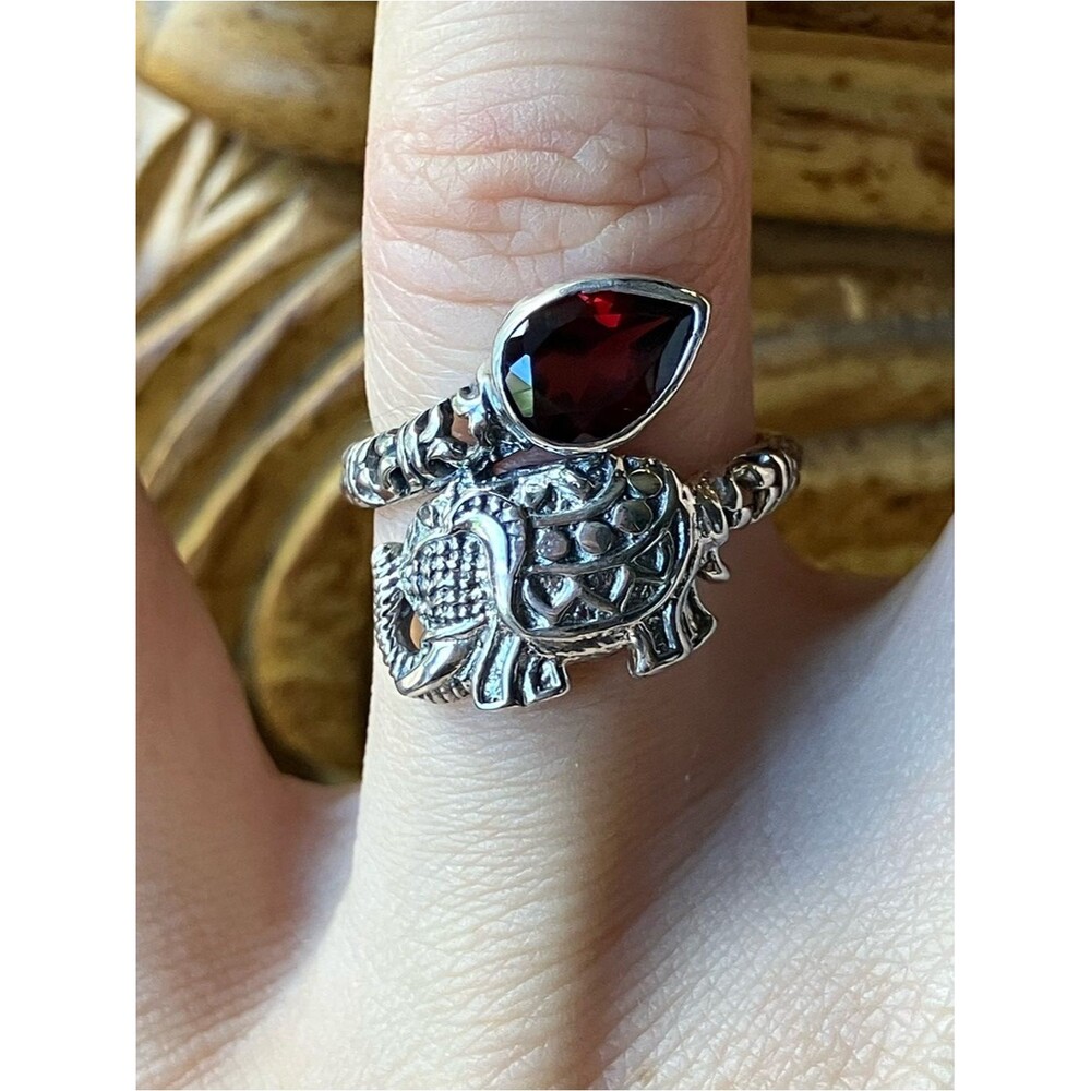 Natural Red Garnet Sterling Silver Elephant Ring Size 7